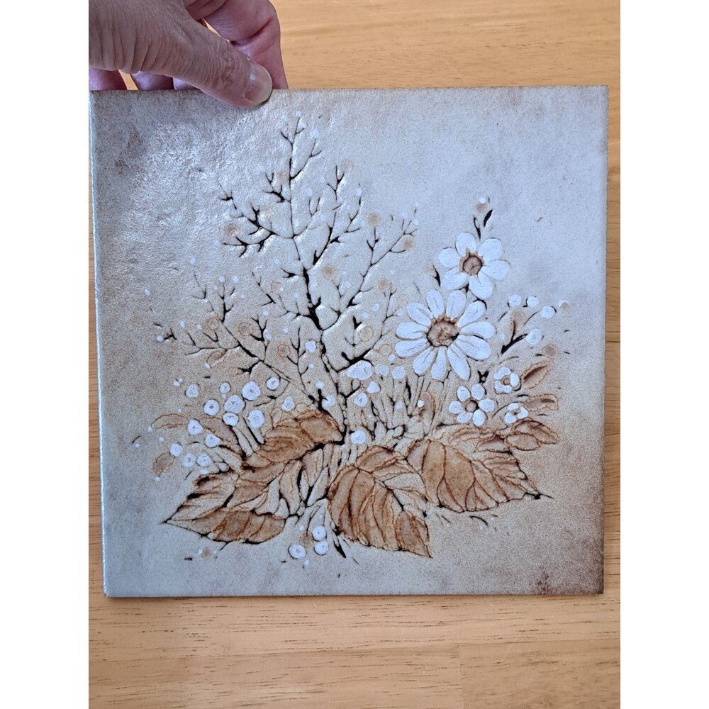 VTG Italian Tile Trivet Ceramic & Terra Cotta Wildflowers Daisy 7 7/8" Square